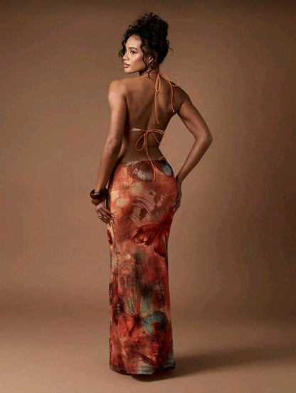 Butterfly print halter maxi dress