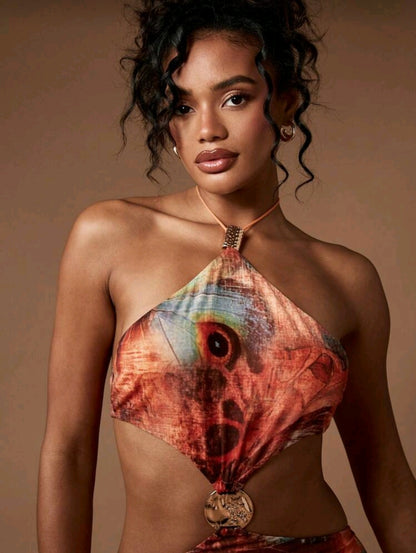 Butterfly print halter maxi dress