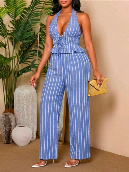 Plus-size striped halter top and pants set