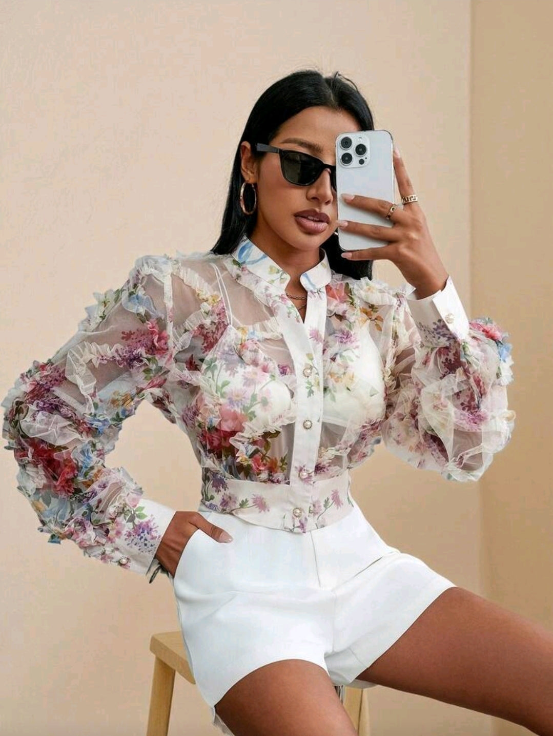 Floral applique mesh shirt