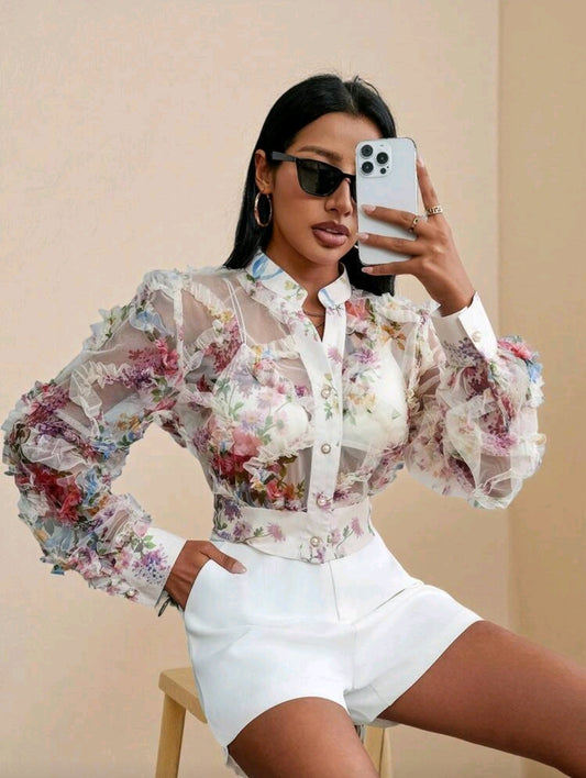 Floral applique mesh shirt