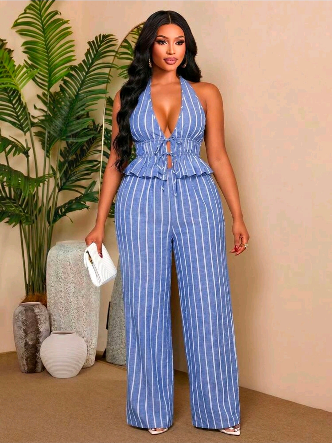 Plus-size striped halter top and pants set