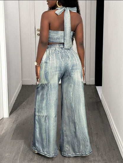 Faux Denim two piece pants set