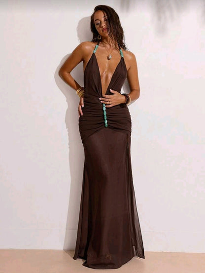 Beaded deep neck halter maxi dress